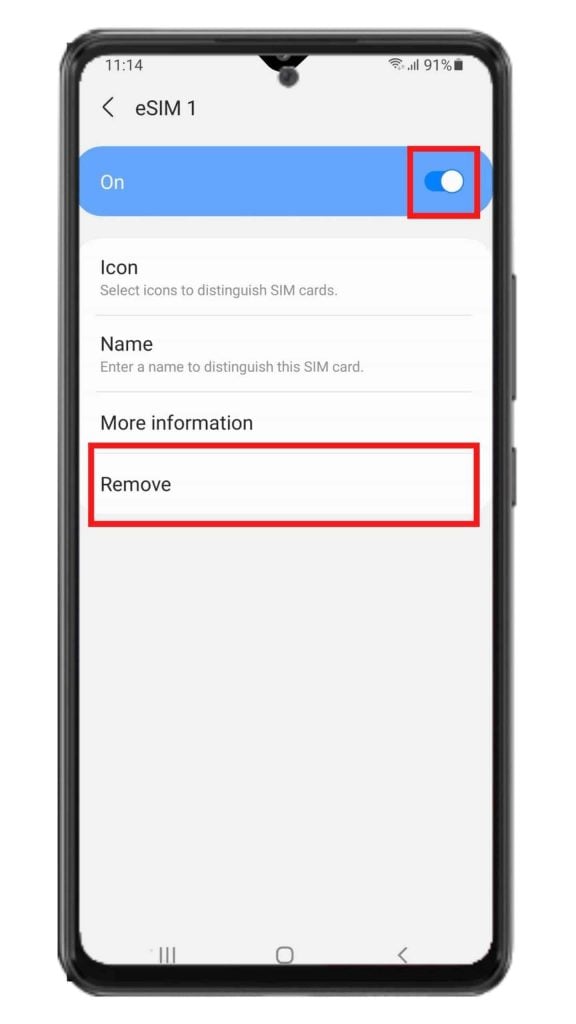 Step 4: Switch OFF the eSIM and select Remove