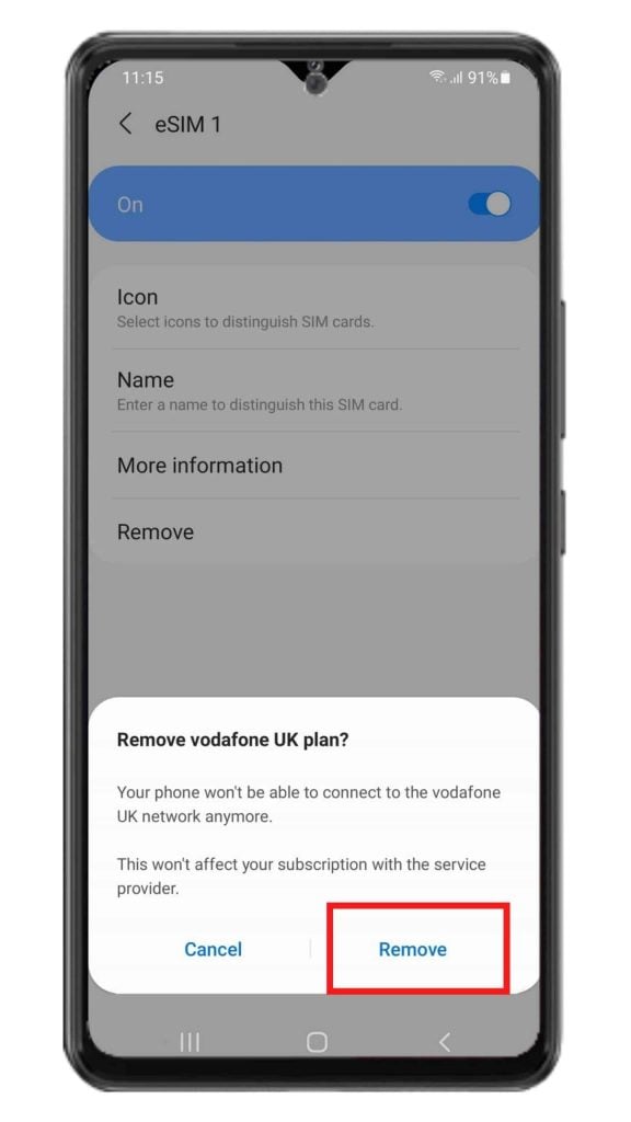 Step 5: Confirm to remove the eSIM